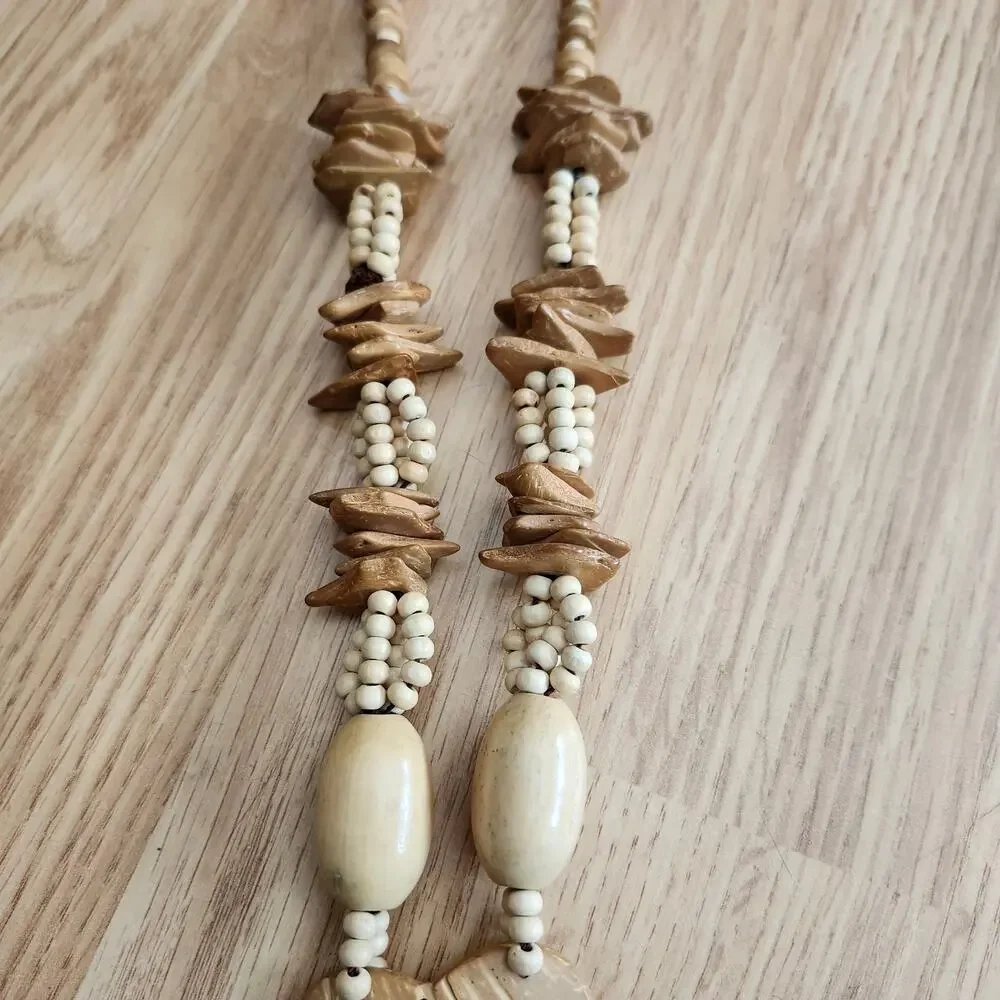 Boho Coconut‎ Shell Wood Bead Double Heart Pendant Necklace Tribal Beach Style